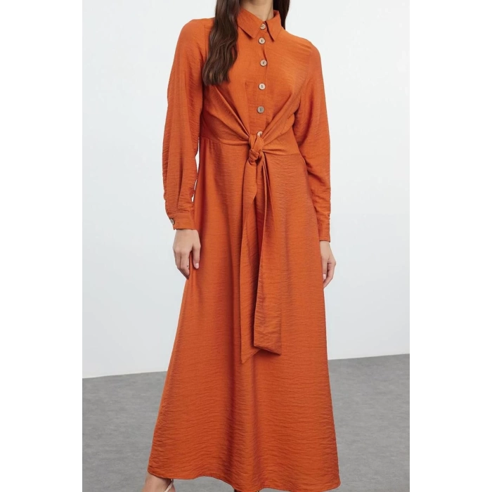 Fashion Style Regular Shirt Collar Long Hijab Waist Tied Woven Aerobin Dress