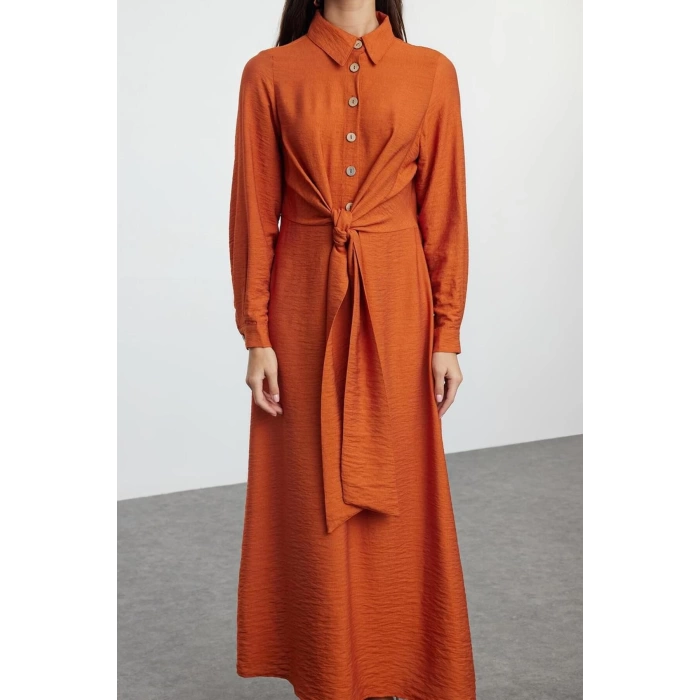 Fashion Style Regular Shirt Collar Long Hijab Waist Tied Woven Aerobin Dress