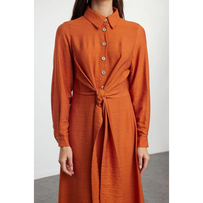 Fashion Style Regular Shirt Collar Long Hijab Waist Tied Woven Aerobin Dress