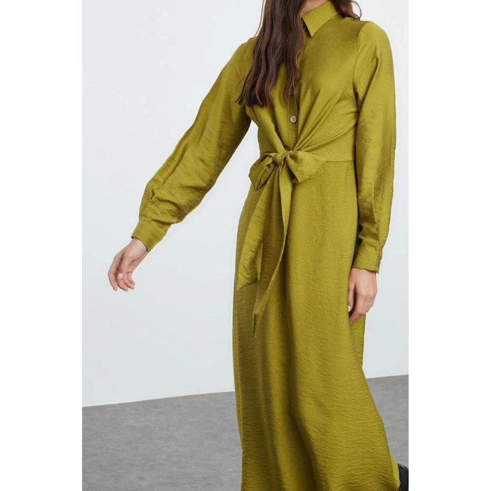 Fashion Style Regular Shirt Collar Long Hijab Waist Tied Woven Aerobin Dress