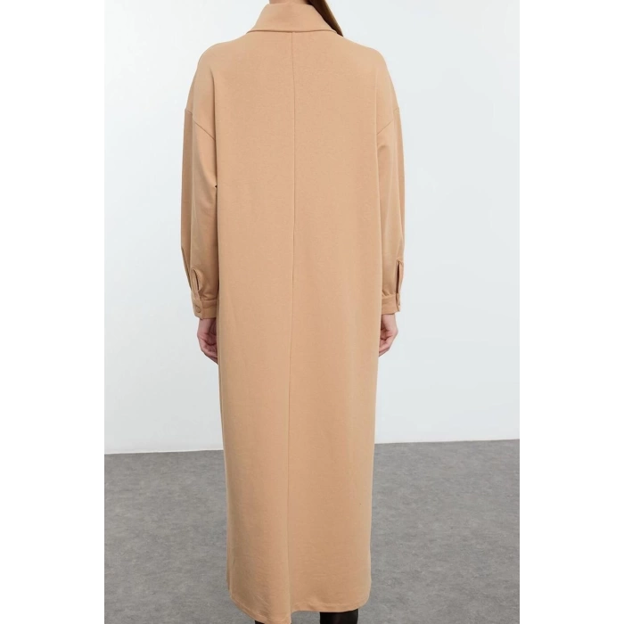 Fashion Style Oversize Stand Collar Long Hijab Front Snap Pocket Detailed Knitted Dress