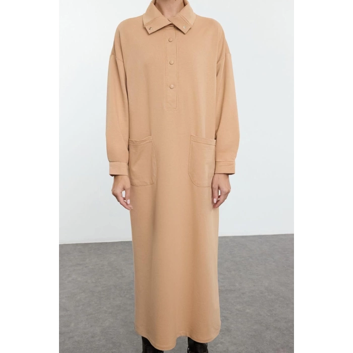 Fashion Style Oversize Stand Collar Long Hijab Front Snap Pocket Detailed Knitted Dress