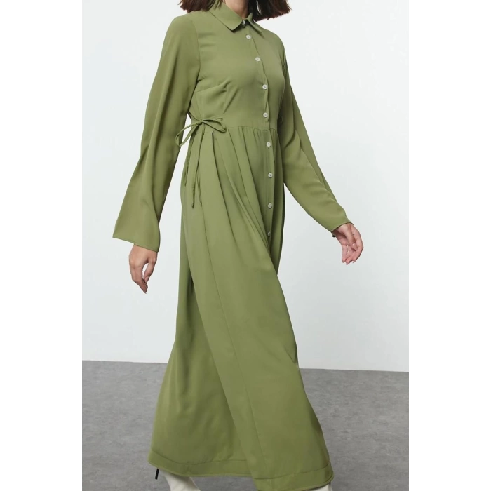 Fashion Style Regular Shirt Collar Long Hijab Waist Tied Woven Dress
