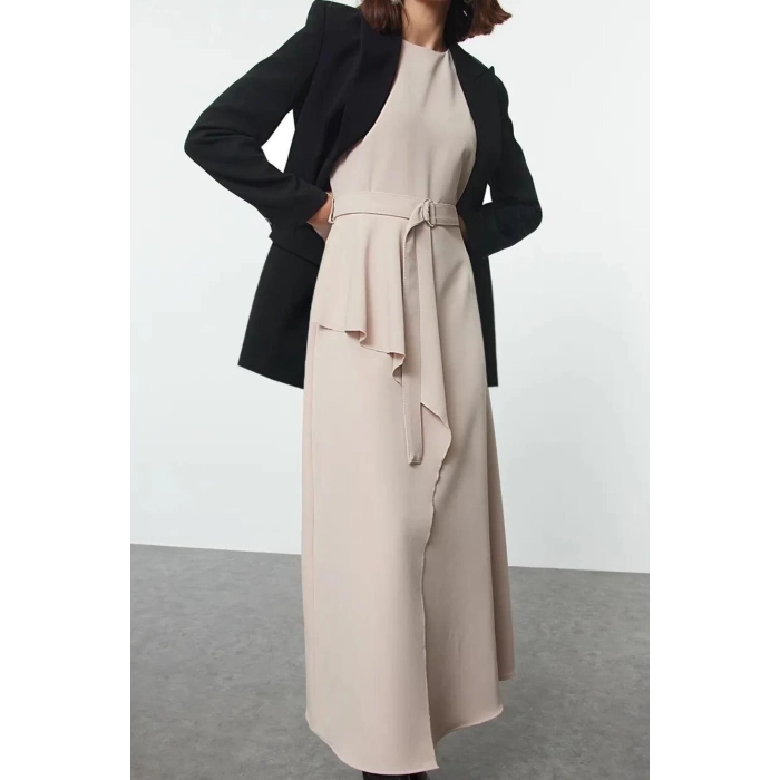 Fashion Style Fitted Crew Neck Long Hijab Belted Front Detailed Sleeveless Woven Vest Dress