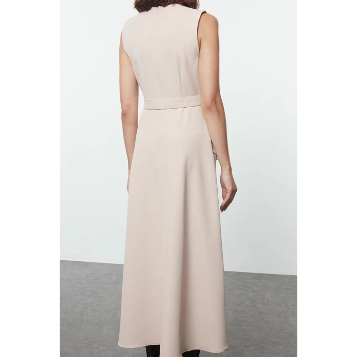 Fashion Style Fitted Crew Neck Long Hijab Belted Front Detailed Sleeveless Woven Vest Dress