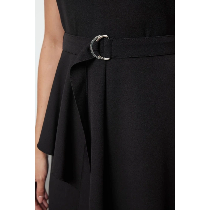 Fashion Style Fitted Crew Neck Long Hijab Belted Front Detailed Sleeveless Woven Vest Dress