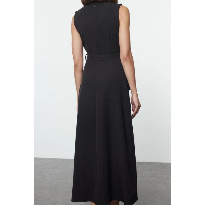 Fashion Style Fitted Crew Neck Long Hijab Belted Front Detailed Sleeveless Woven Vest Dress