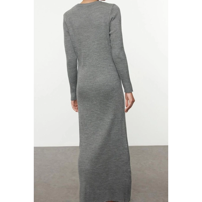 Fashion Style Fitted Crew Neck Maxi Length Hijab Gray Button Detailed Knit Dress