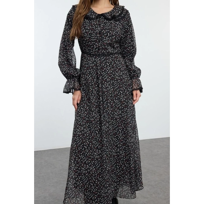 Fashion Style Regular Baby Collar Long Hijab Collar Detailed Woven Dress