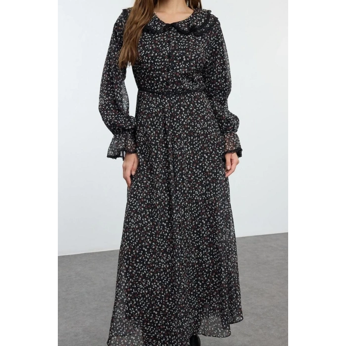 Fashion Style Regular Baby Collar Long Hijab Collar Detailed Woven Dress