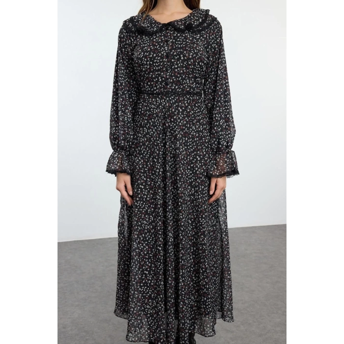 Fashion Style Regular Baby Collar Long Hijab Collar Detailed Woven Dress