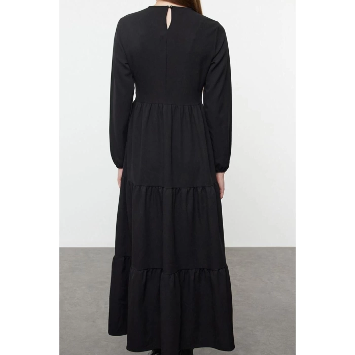 Moda Stil Regular Dik Yaka Maxi Boy Tesettür Taş Nakış Detaylı Dokuma Elbise
