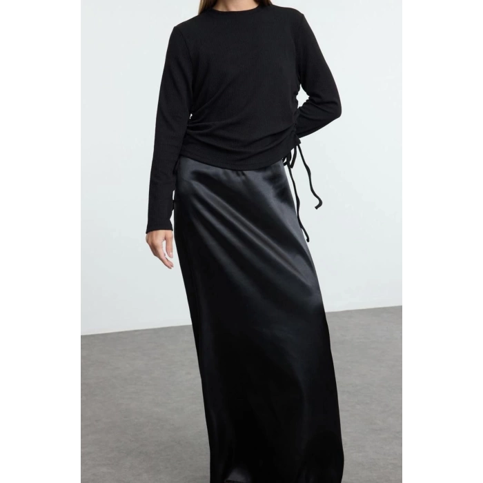 Moda Regular Midi Length Hijab Knitted Long Sleeve T-Shirt-String Woven Satin Dress 2 Piece Set