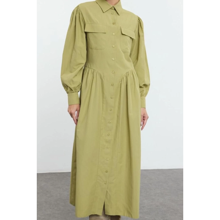 Fashion Style Regular Shirt Collar Maxi Length Hijab Poplin Woven Pleated Detailed Pocket Woven Dress