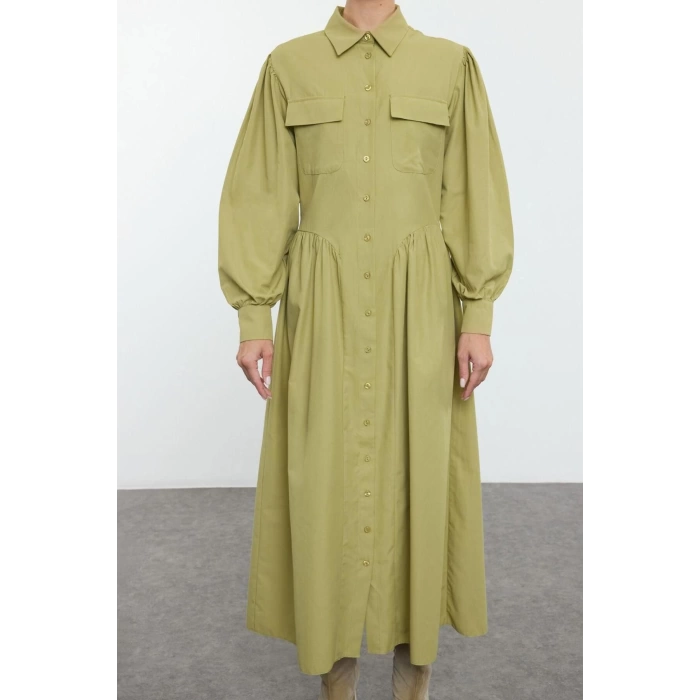 Fashion Style Regular Shirt Collar Maxi Length Hijab Poplin Woven Pleated Detailed Pocket Woven Dress