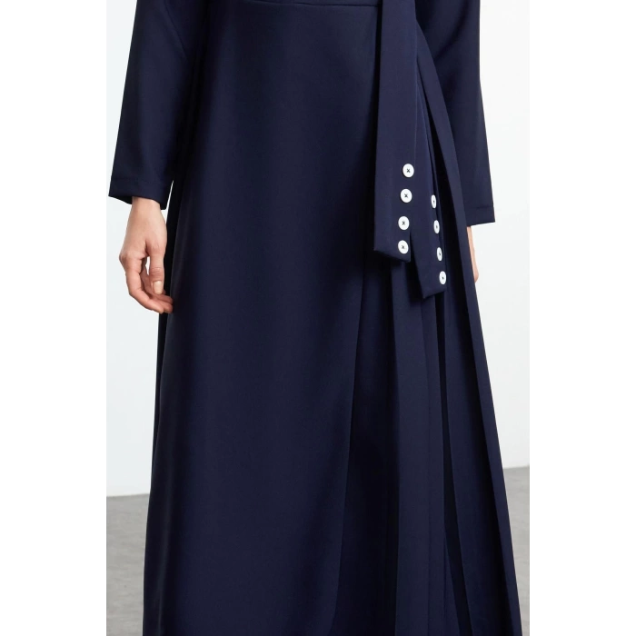 Fashion Style Regular Jacket Collar Maxi Length Hijab Double Breasted Collar Side Tie Detailed Woven Dress