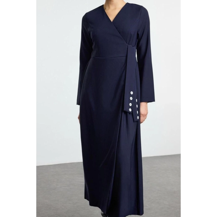 Fashion Style Regular Jacket Collar Maxi Length Hijab Double Breasted Collar Side Tie Detailed Woven Dress