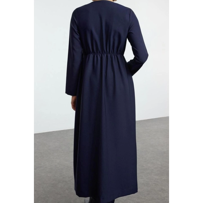 Fashion Style Regular Jacket Collar Maxi Length Hijab Double Breasted Collar Side Tie Detailed Woven Dress