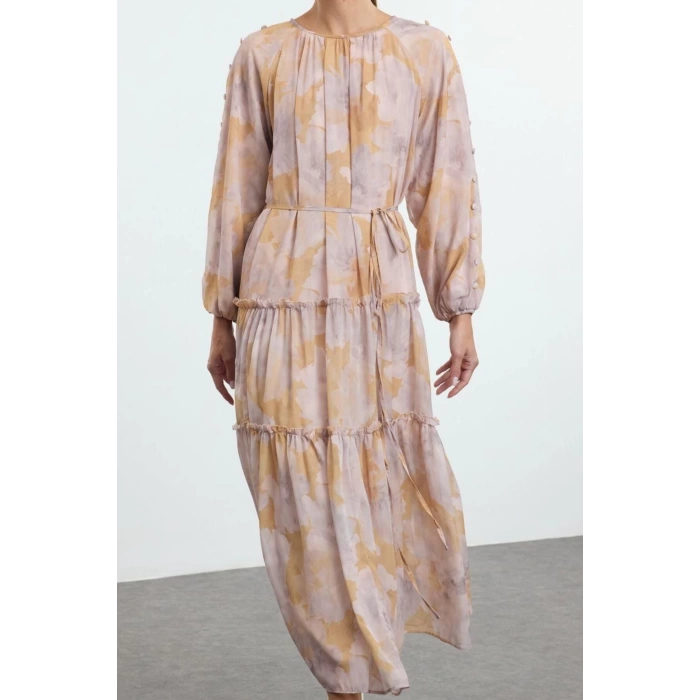 Moda Stil Fitted Bisiklet Yaka Maxi Boy Tesettür Şifon Dokuma Çiçek Desenli Elbise