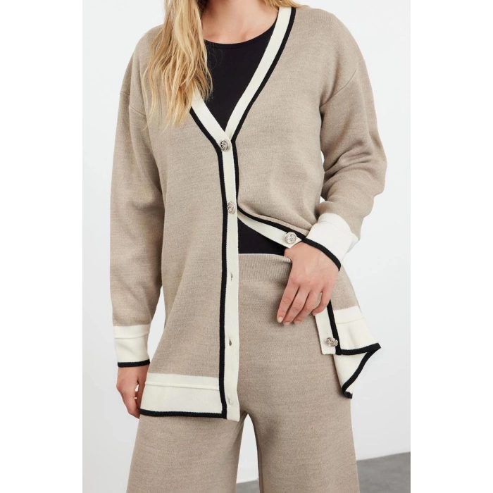 Style Women Modern Fashion Normal Waist Wide Leg V Neck Color Block Knitwear Cardigan Trousers Top-Bottom Set