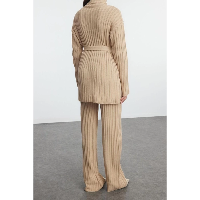 Style Women Modern Normal Waist Wide Leg Stand Collar Dark Beige Ribbed Knitwear Sweater Trousers Top-Bottom Set