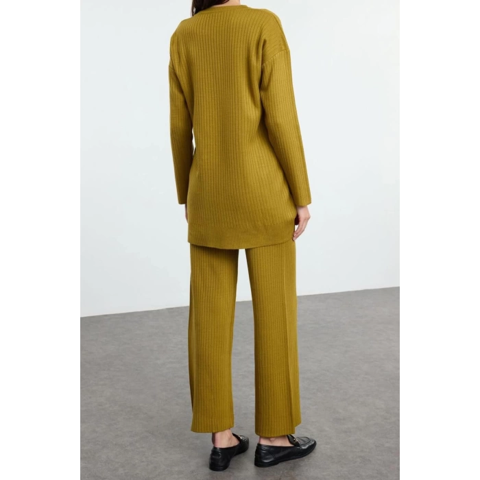 Style Women Modern Fashion Normal Waist Straight Leg V Neck Ribbed Knit Oversize Knitwear Bottom-Top Set
