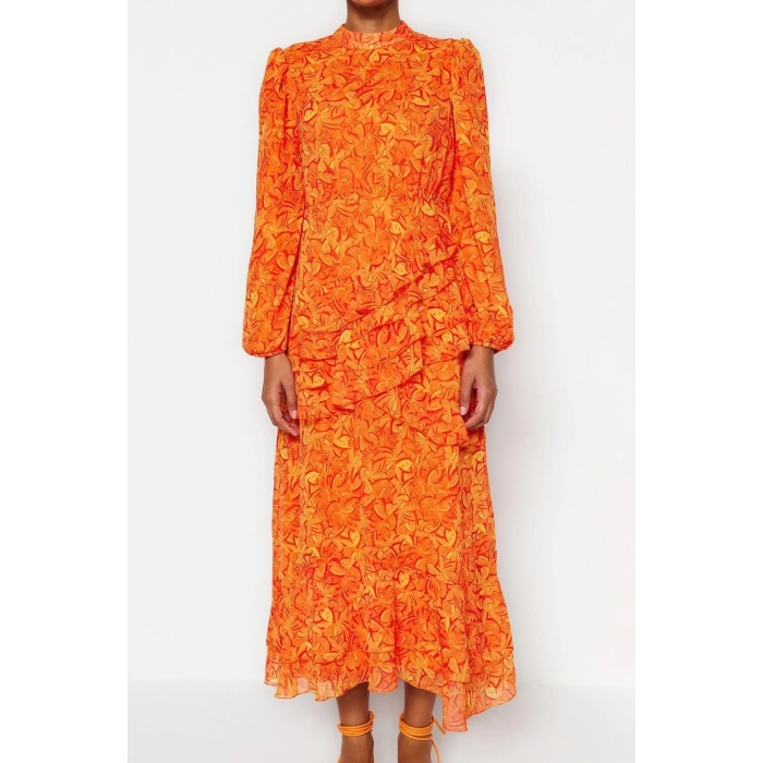 Fashion Style Regular Crew Neck Maxi Length Hijab Floral Skirt Ruffle Lined Woven Chiffon Dress