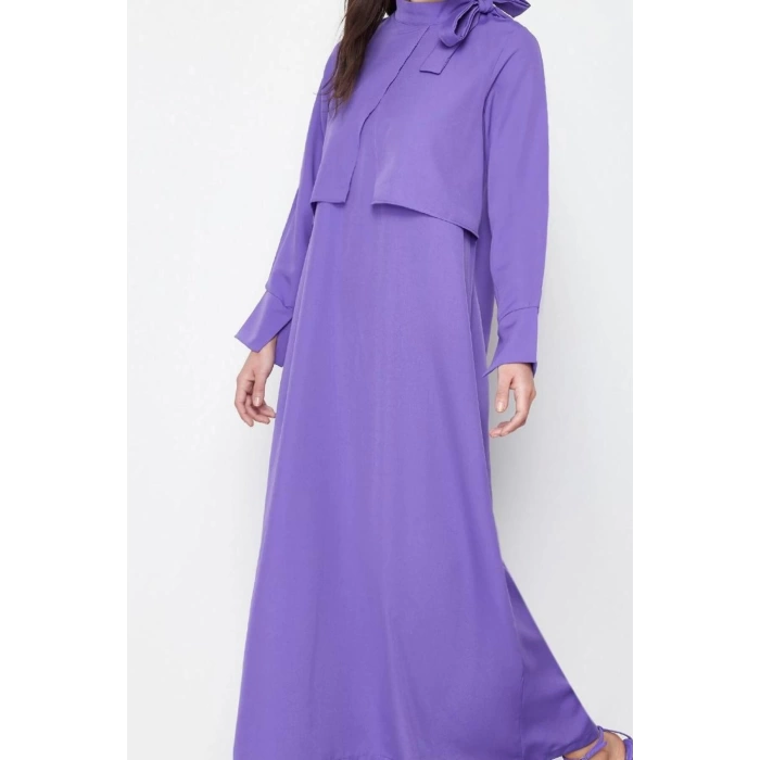 Fashion Style Regular Neckline Maxi Length Hijab Collar Tie Detailed Woven Dress