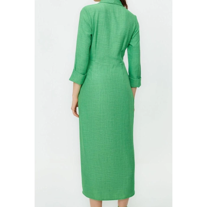 Fashion Style Fitted Double Breasted Maxi Length Hijab Linen Look Woven Dress