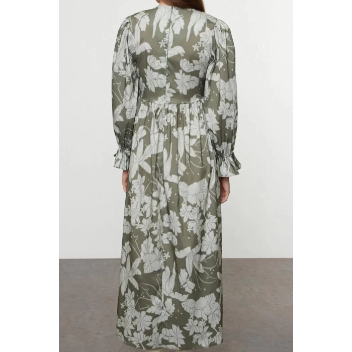 Moda Stil Regular Bisiklet Yaka Maxi Boy Tesettür Çiçek Baskılı Beden Gipeli Dokuma Elbise