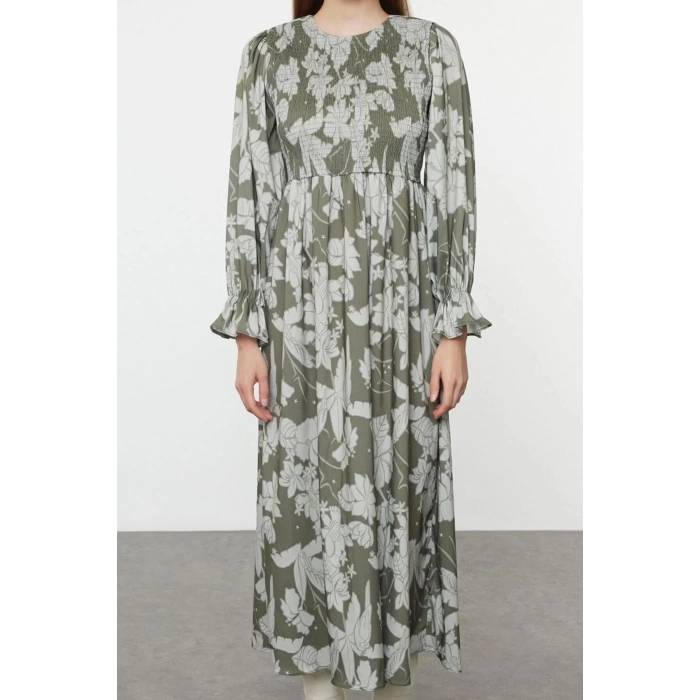 Moda Stil Regular Bisiklet Yaka Maxi Boy Tesettür Çiçek Baskılı Beden Gipeli Dokuma Elbise