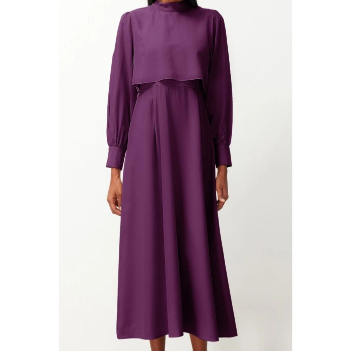 Fashion Style Regular Stand Collar Maxi Length Hijab Aller Piece Detailed Woven Dress