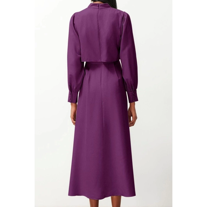 Fashion Style Regular Stand Collar Maxi Length Hijab Aller Piece Detailed Woven Dress
