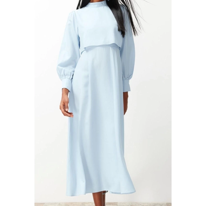 Fashion Style Regular Stand Collar Maxi Length Hijab Aller Piece Detailed Woven Dress