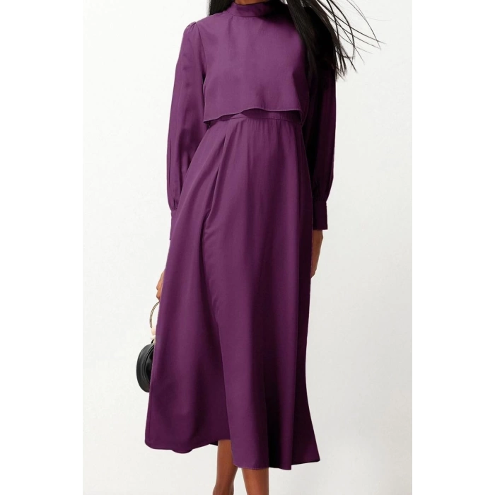 Fashion Style Regular Stand Collar Maxi Length Hijab Aller Piece Detailed Woven Dress
