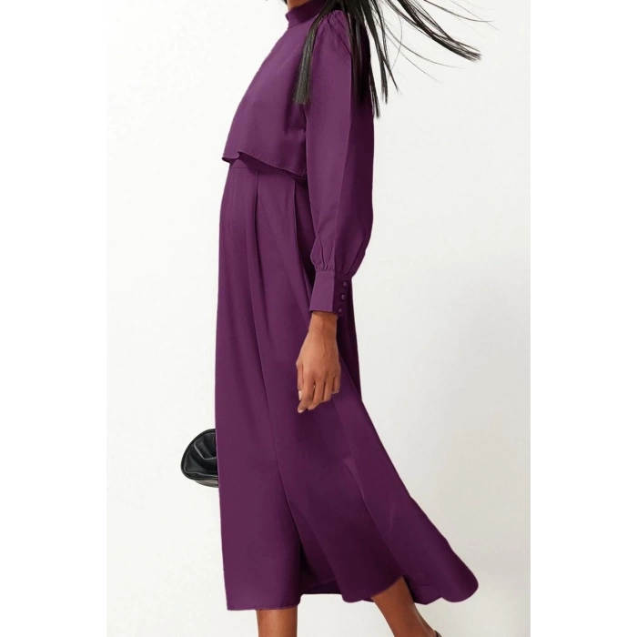 Fashion Style Regular Stand Collar Maxi Length Hijab Aller Piece Detailed Woven Dress