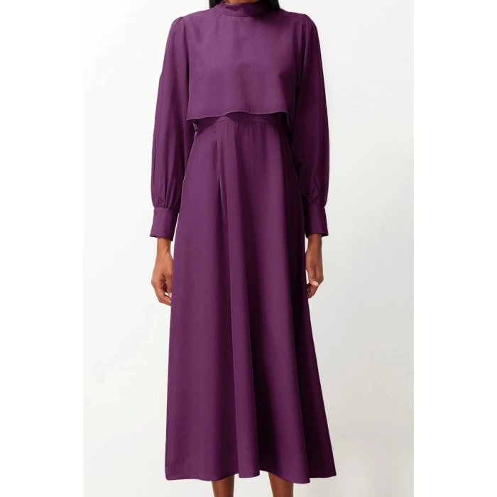 Fashion Style Regular Stand Collar Maxi Length Hijab Aller Piece Detailed Woven Dress