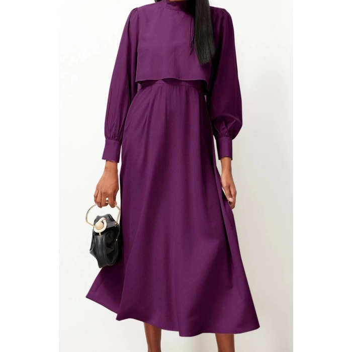 Fashion Style Regular Stand Collar Maxi Length Hijab Aller Piece Detailed Woven Dress