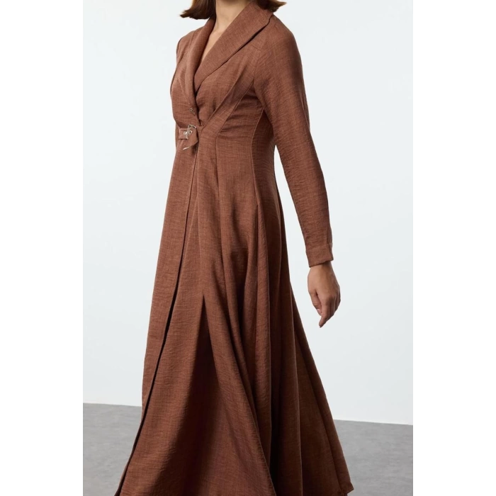 Fashion Style Regular Jacket Collar Maxi Length Hijab Linen Look Front Belt Detailed Woven Dress