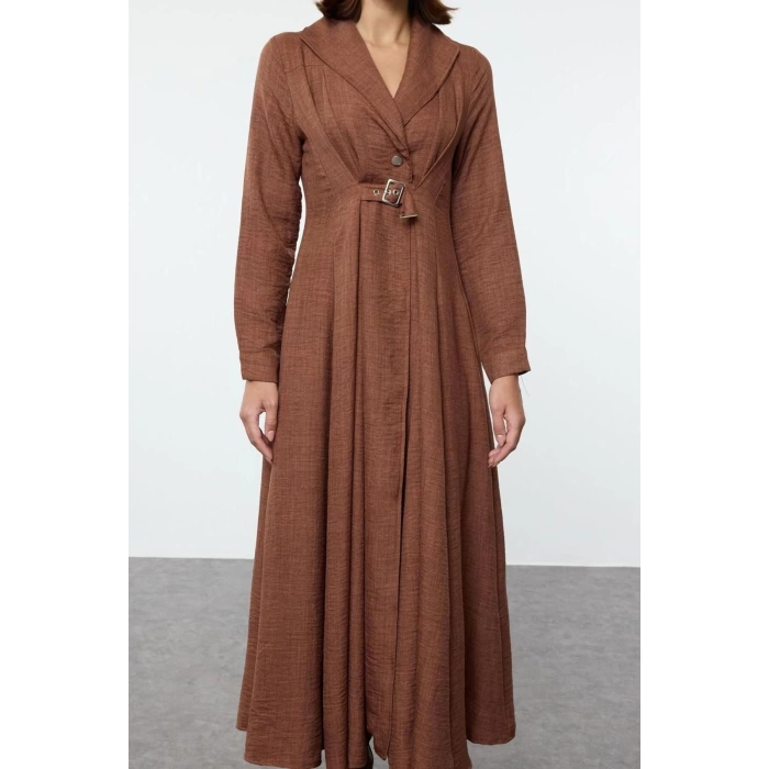 Fashion Style Regular Jacket Collar Maxi Length Hijab Linen Look Front Belt Detailed Woven Dress