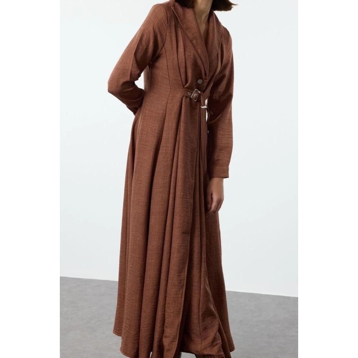 Fashion Style Regular Jacket Collar Maxi Length Hijab Linen Look Front Belt Detailed Woven Dress