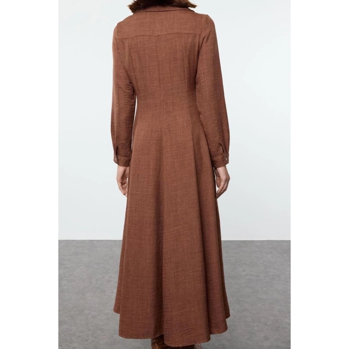Fashion Style Regular Jacket Collar Maxi Length Hijab Linen Look Front Belt Detailed Woven Dress