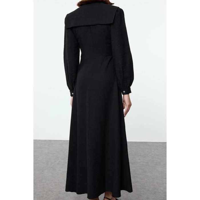Fashion Style Regular Baby Collar Maxi Length Hijab Button Detailed Woven Dress