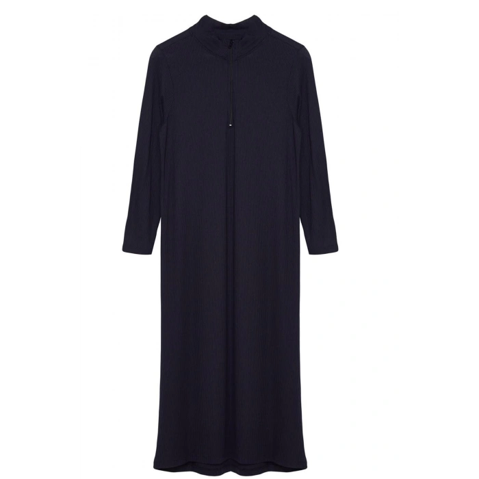 Fashion Style Regular Polo Collar Maxi Length Hijab Collar Zippered Ribbed Knitted Dress
