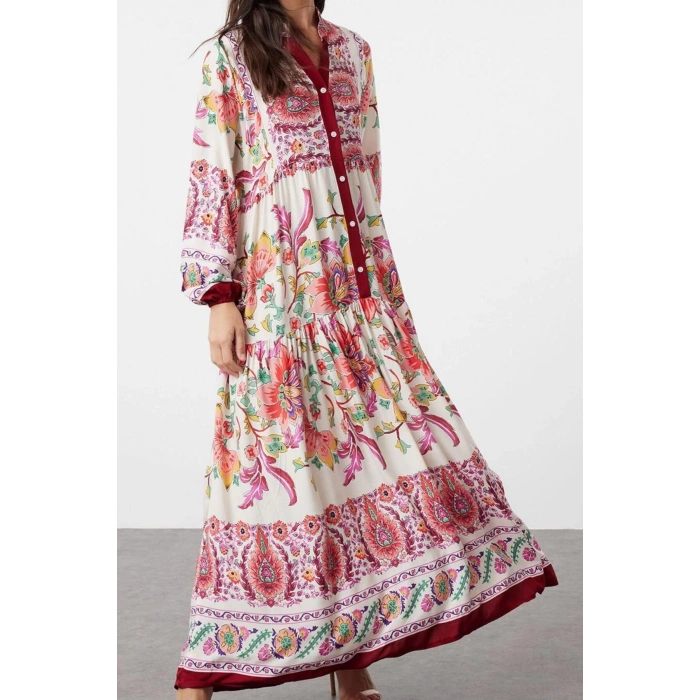 Fashion Style Relaxed Judge Collar Maxi Length Hijab Floral Viscose Woven Dress