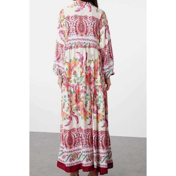 Fashion Style Relaxed Judge Collar Maxi Length Hijab Floral Viscose Woven Dress