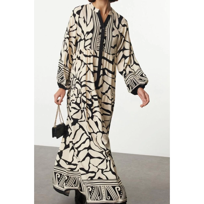 Fashion Style Relaxed Judge Collar Maxi Length Hijab Floral Viscose Woven Dress