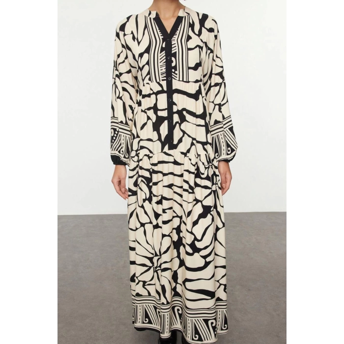 Fashion Style Relaxed Judge Collar Maxi Length Hijab Floral Viscose Woven Dress