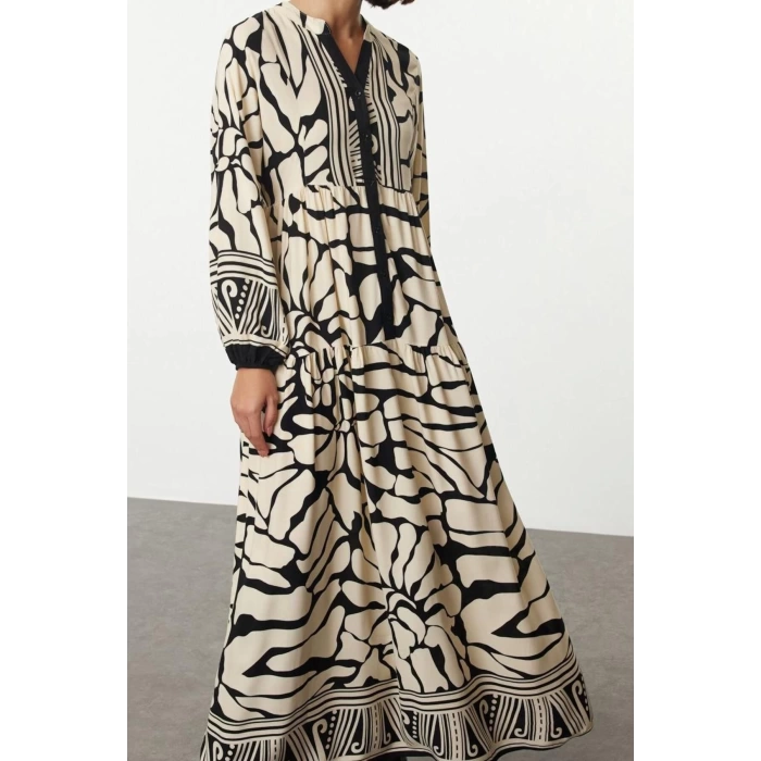 Fashion Style Relaxed Judge Collar Maxi Length Hijab Floral Viscose Woven Dress
