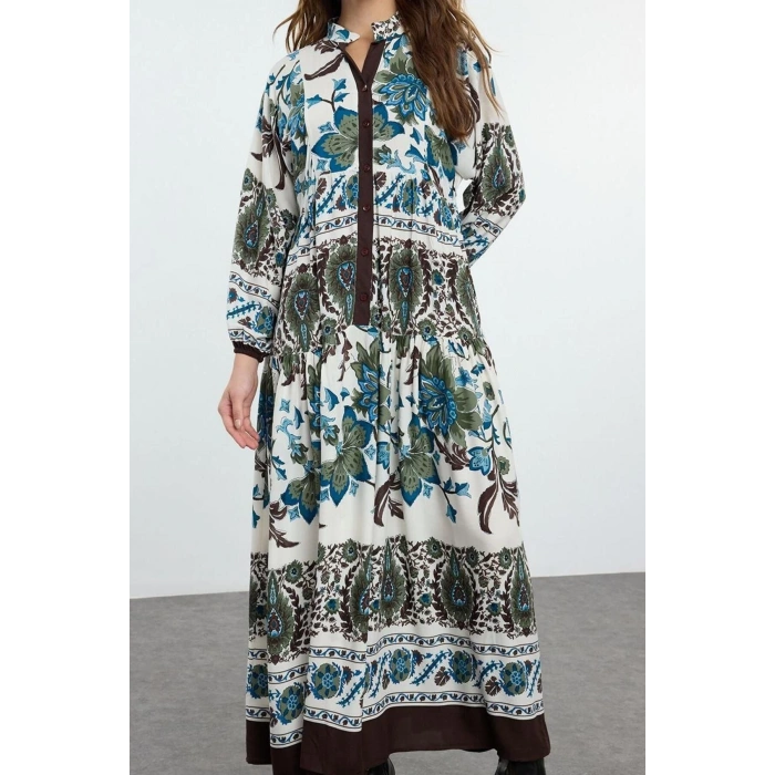 Fashion Style Relaxed Judge Collar Maxi Length Hijab Floral Viscose Woven Dress
